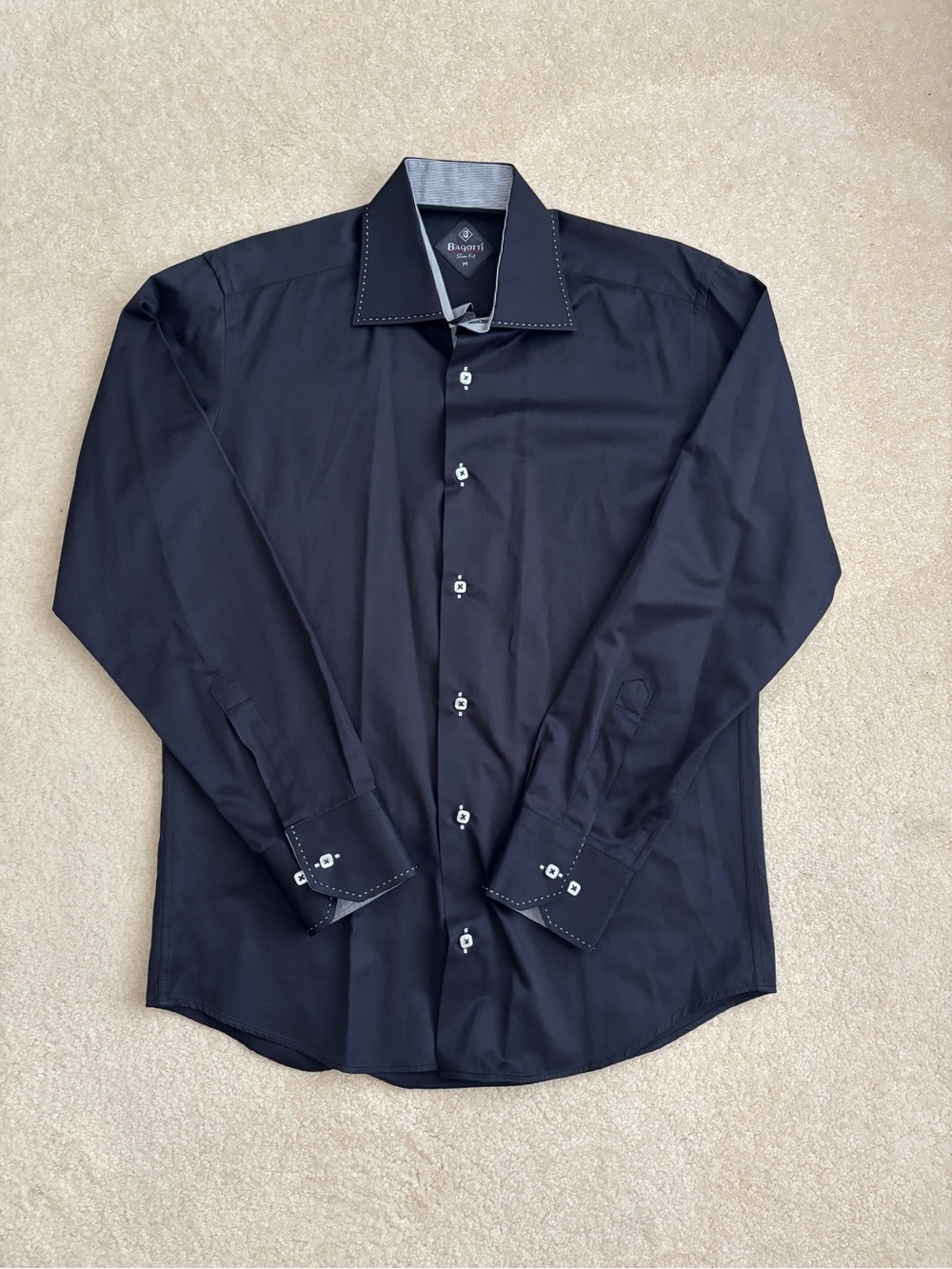 Bagatti Black Dress Shirt with Contrast Stitching Size Medium Slim Fit